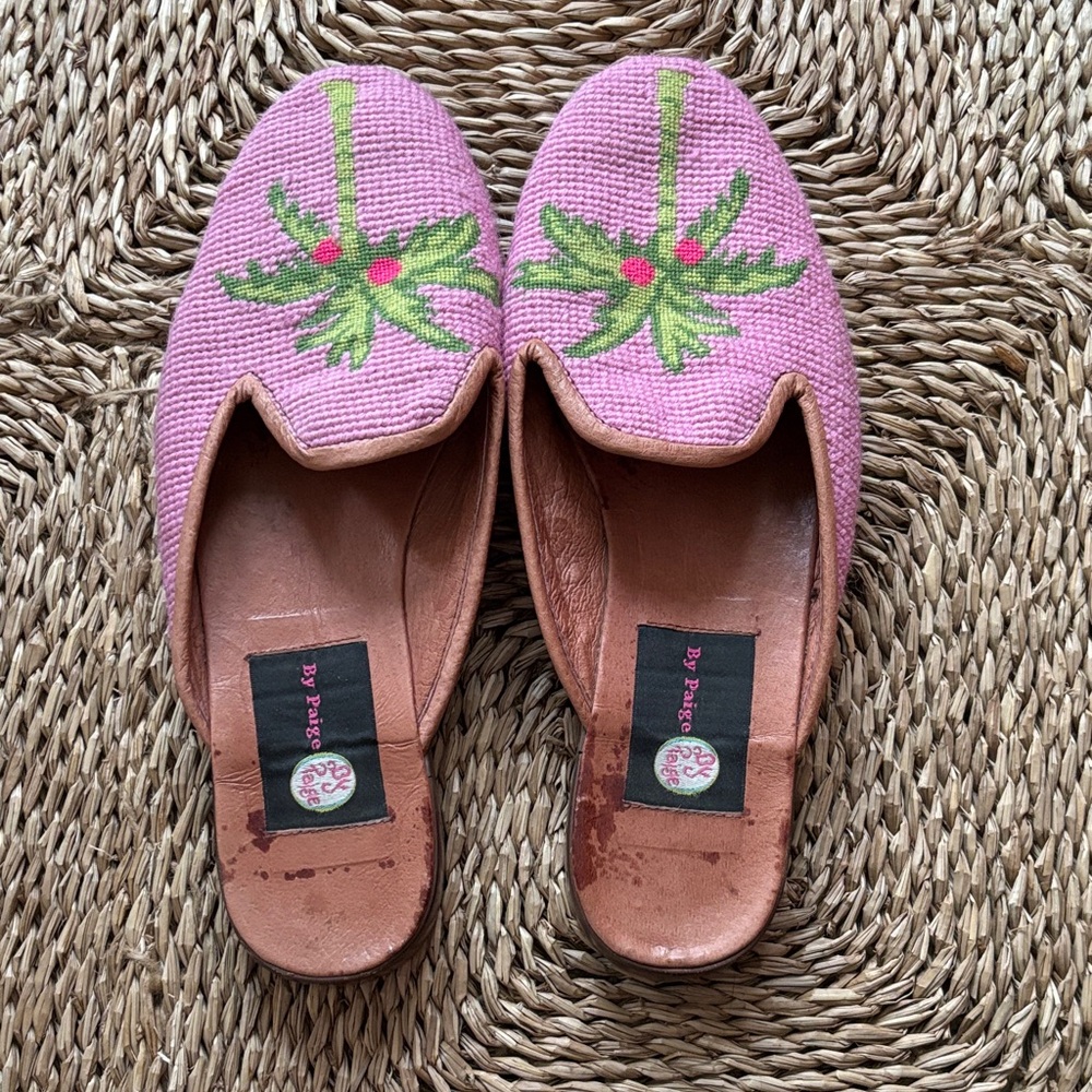 By Paige Pink and Green Embroidered Women's Needlepoint Slip one
